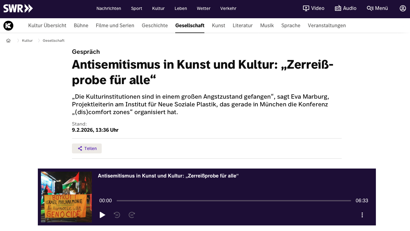 Screenshot des Artikels Antisemitismus in Kunst und Kultur: „Zerreißprobe für alle“