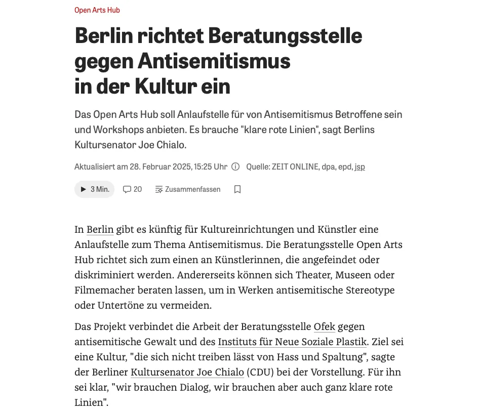 Screenshot des Artikels: Berlin richtet Beratungsstelle gegen Antisemitismus in der Kultur ein