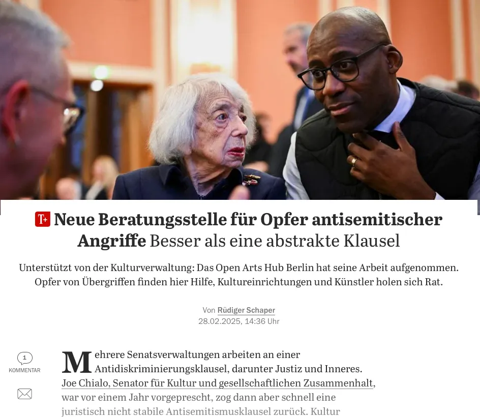 Screenshot des Artikels: Neue Beratungsstelle für Opfer antisemitischer Angriffe: Besser als eine abstrakte Klausel