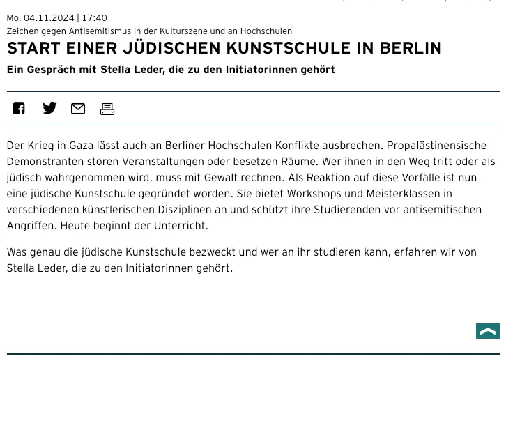 Screenshot des Artikels: Start einer jüdischen Kunstschule in Berlin