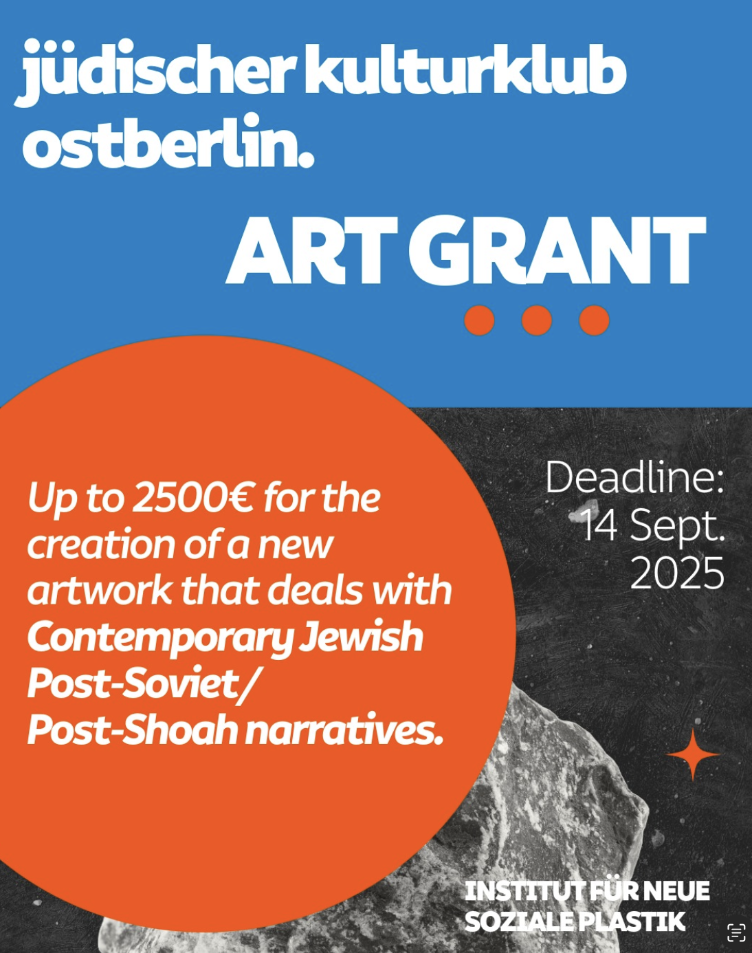 The INSTITUT FÜR NEUE SOZIALE PLASTIK is looking for artistic contributions from the visual arts that deal with post-Shoah narratives stemming from the (post-)Soviet space of Central and Eastern Europe. We are interested in artistic works from a contemporary Jewish perspective that take (auto)biographical Jewish memory, including oral history, as a starting point. We believe in the arts as a way of questioning the politics of history by remaining unwieldy – and thus providing a source of inspiration in times of instrumentalization of history by authoritarian movements and regimes.