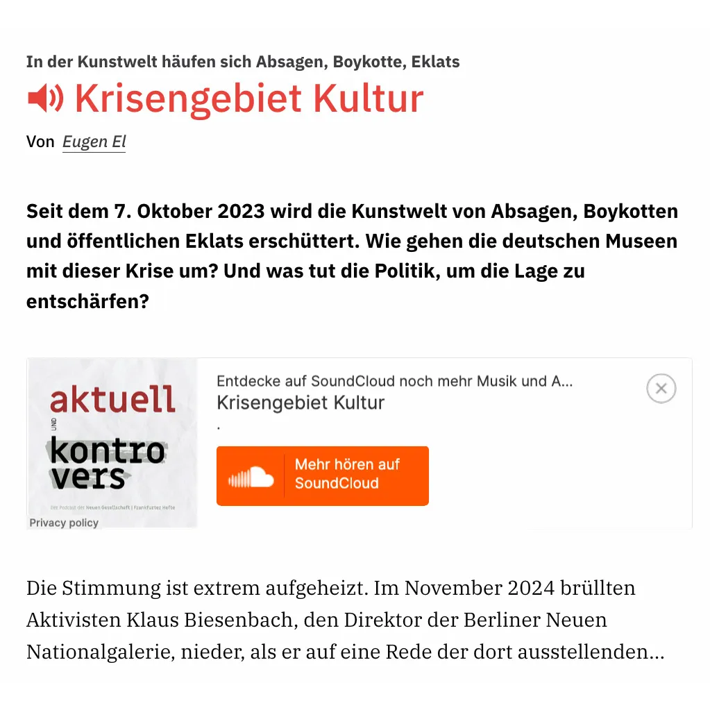 Screenshot des Beitrags »Krisengebiet Kultur – In der Kunstwelt häufen sich Absagen, Boykotte, Eklats«