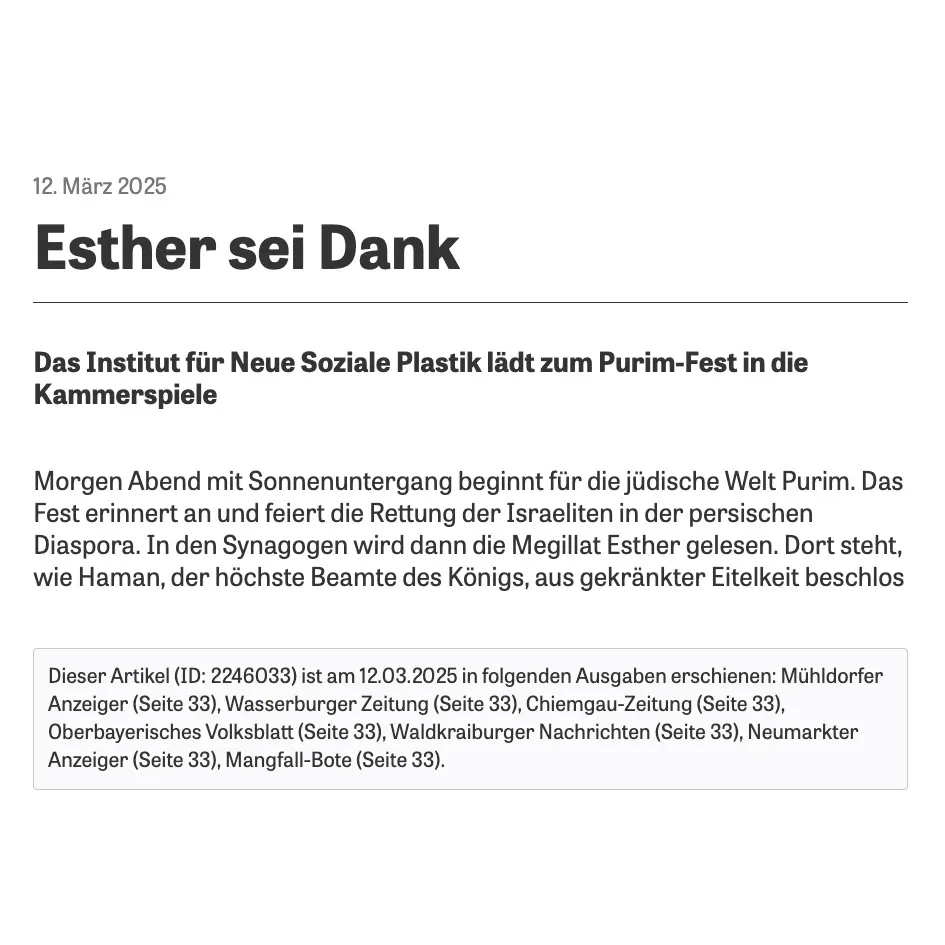 Screenshot des Beitrags »Esther sei Dank – Das Institut für Neue Soziale Plastik lädt zum Purim-Fest in die Kammerspiele«