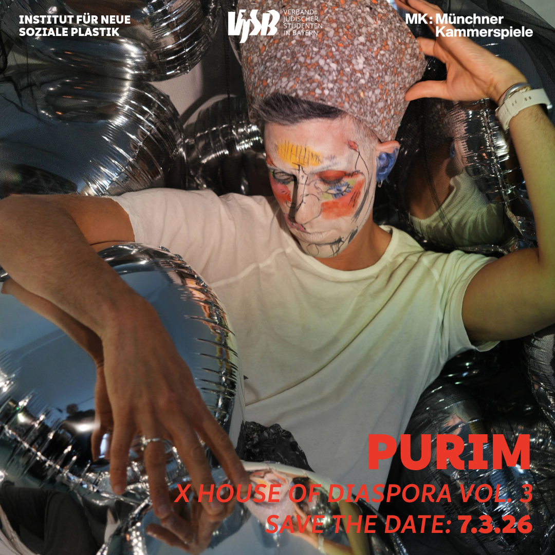 Grafik mit Text PURIM X HOUSE OF DIASPORA VOL. 3 und Foto eines geschminkten Mannes in T-Shirt