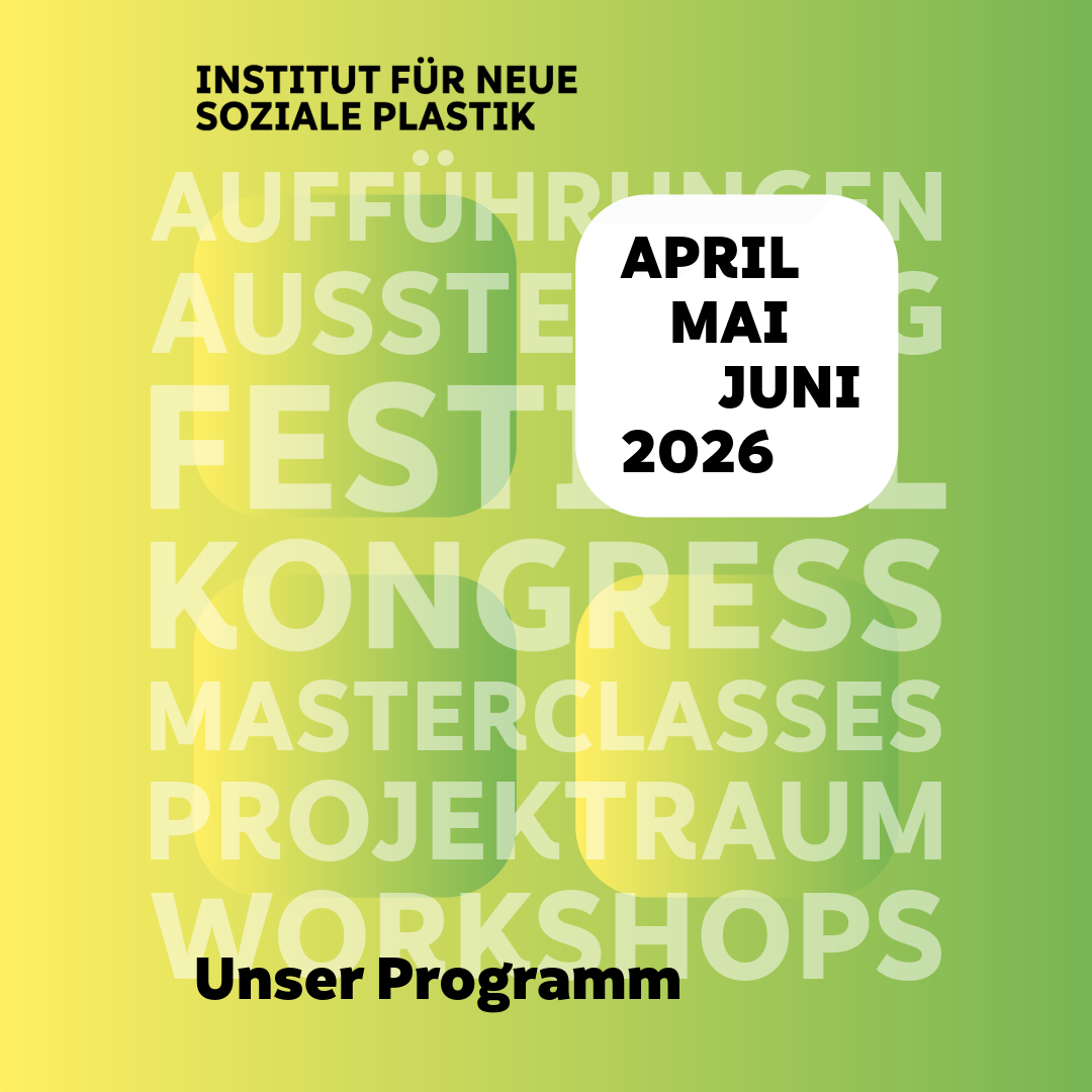 Grafik mit grünen, gelben und schwarzen Elementen sowie Text "Unser Programm April Mai Juni 2026"