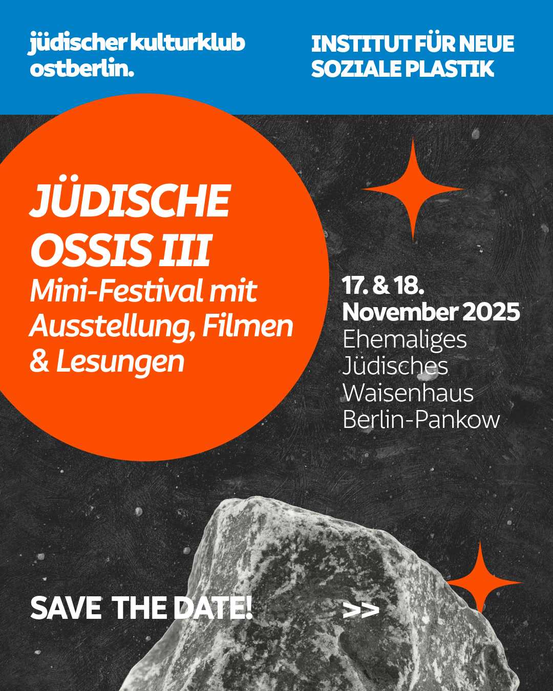 Poster der Ausstellung mit allen Informationen, links oben ein großer roter Kreis und verschied. grafische Elemente