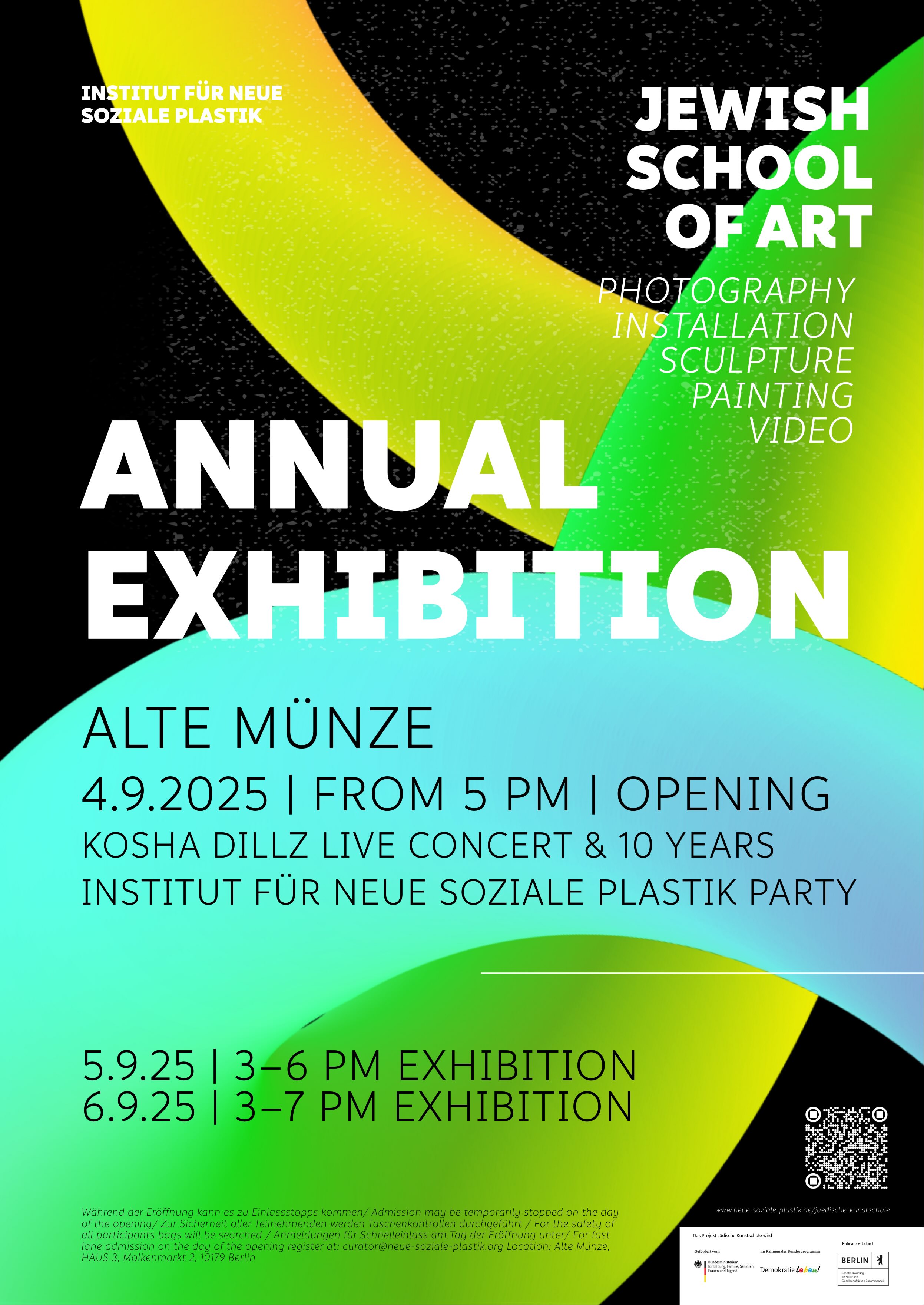 Key Image: Abstrakte Formen in grün und blau, Ausstellungsinformationen als Text