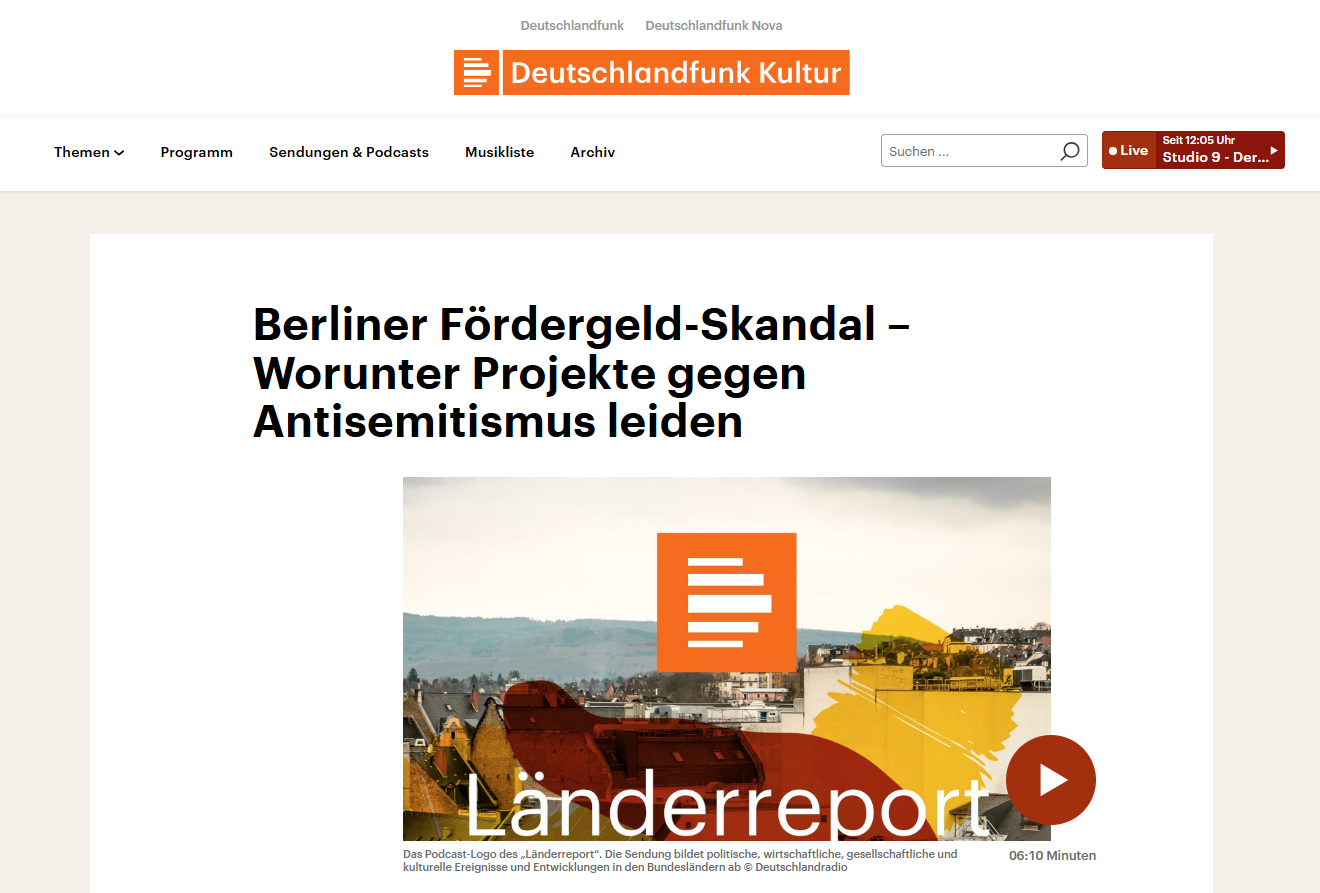 Screenshot des Beitrags "Berliner Fördergeld-Skandal – Worunter Projekte gegen Antisemitismus leiden" 