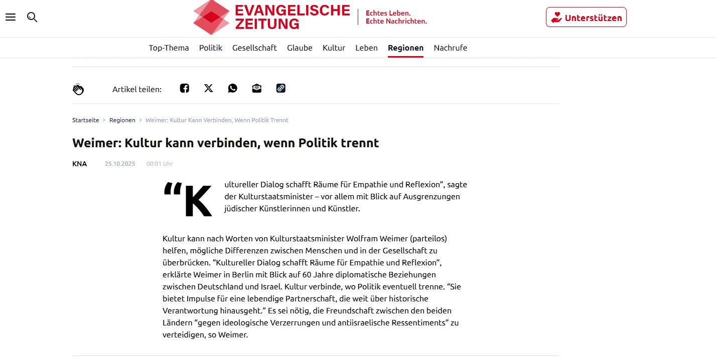 Weimer: Kultur kann verbinden, wenn Politik trennt