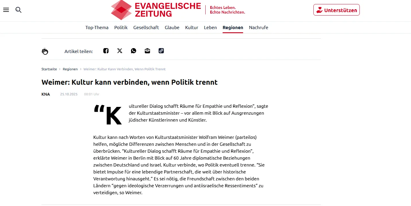 Weimer: Kultur kann verbinden, wenn Politik trennt