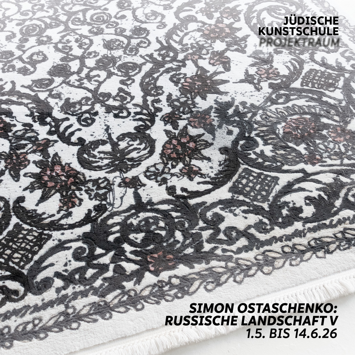 Ein Kunstwerk in Form eines Teppichs und der Schriftzug Simon Ostaschenko Russische Landschaft V