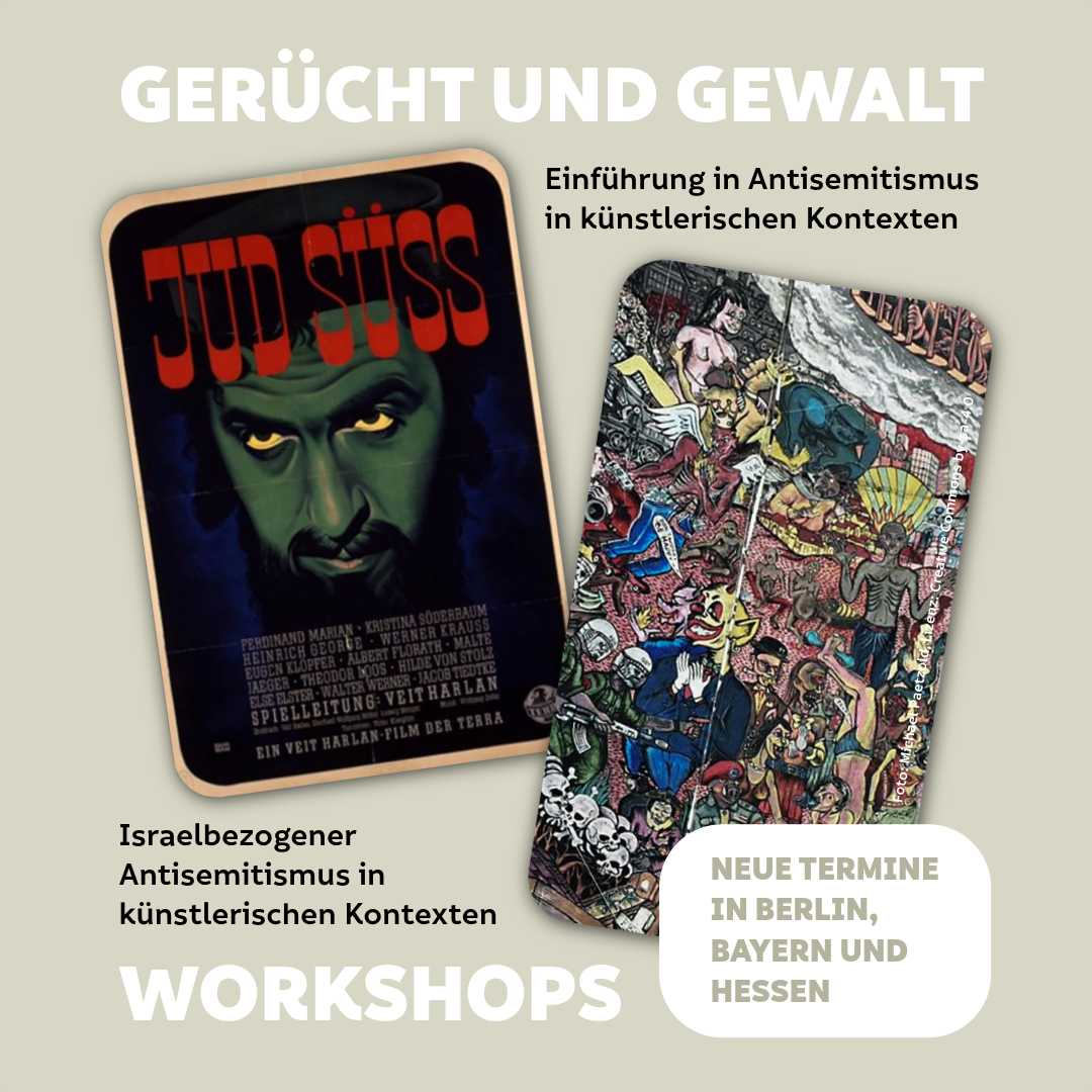 Grafik mit Text und Bildern Gerücht und Gewalt – Antisemitismus in künstlerischen Kontexten Workshops