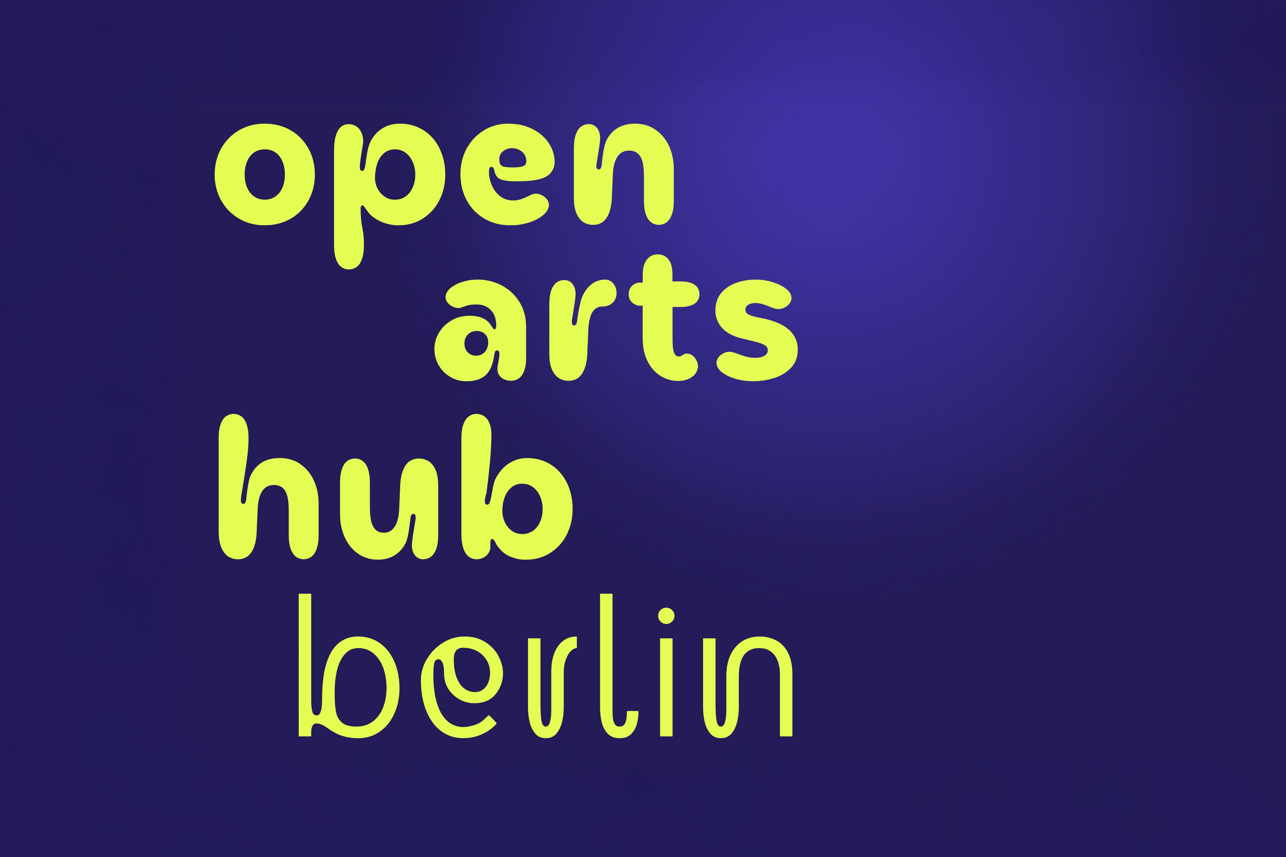 A graphic presenting the logo of the Open Arts Hub Berlin. It shows yellow text on a blue background.